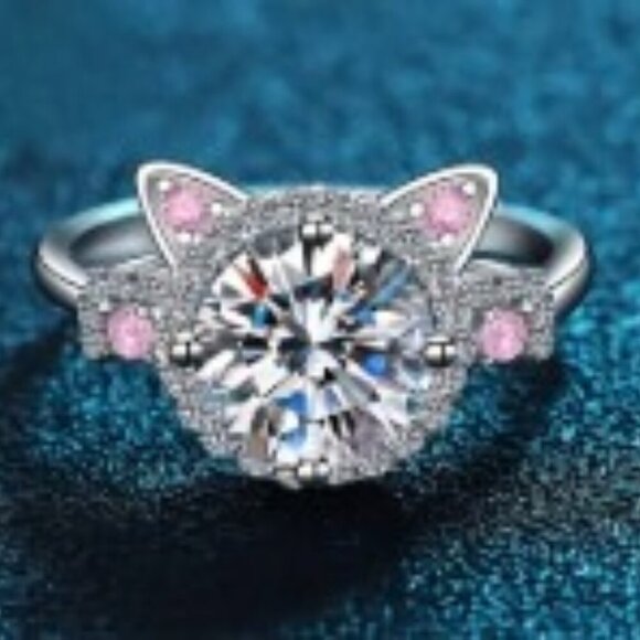 Pink Rhinestone Cat-Shaped Ring - Cute Alloy Fashion Accessory for Women Size 7 - Picture 1 of 8